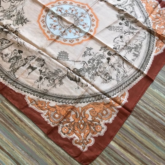 SILK ROAD MAP Orange Red and Cream Scarf 💯 % Silk - Picture 4 of 5